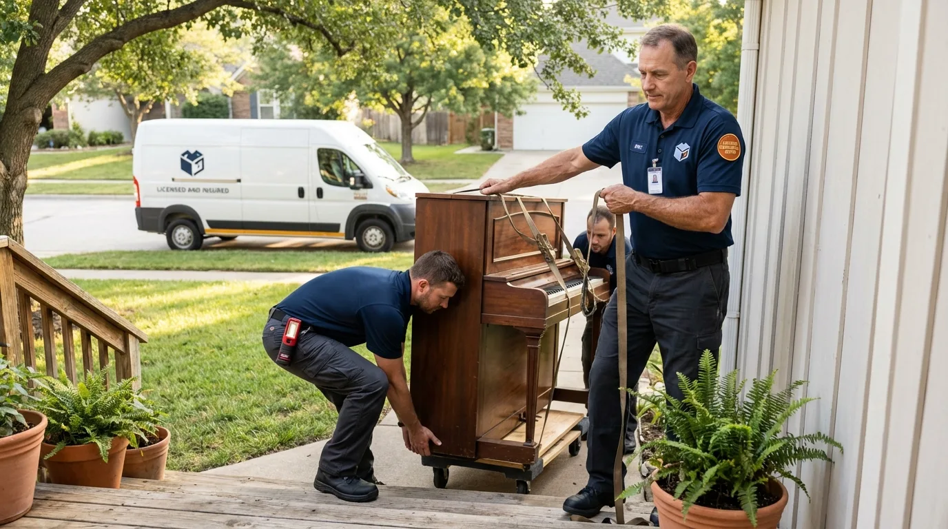 Licensed piano movers securing grand piano in Godley, TX