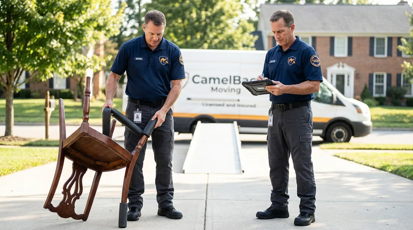 Movers inspecting furniture for damage prevention before loading in Godley, TX