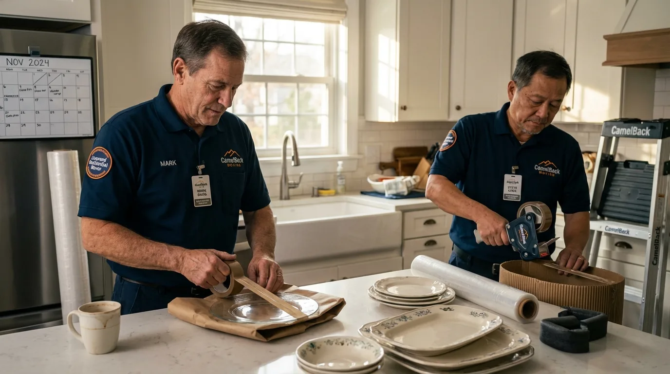 Professional crew packing kitchen dishware in Godley, TX